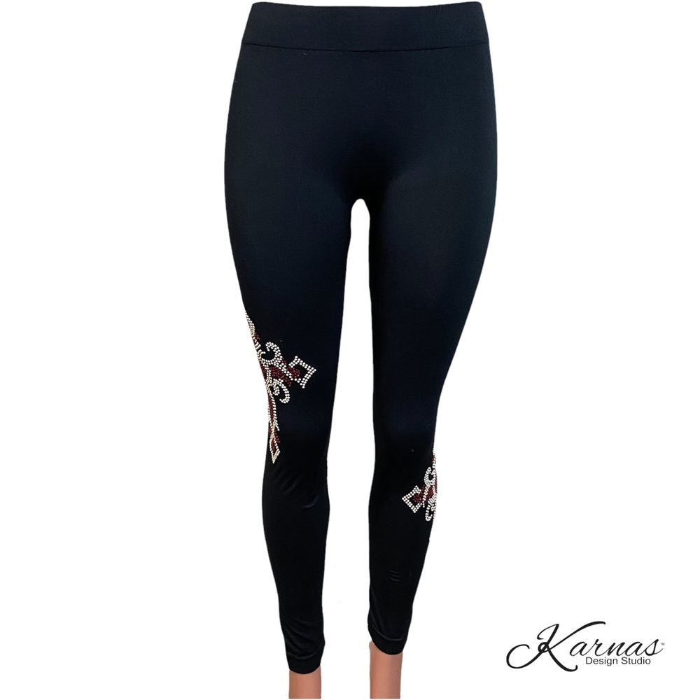 Custom Made Beaded Crystal Cross Black Leggings OS
